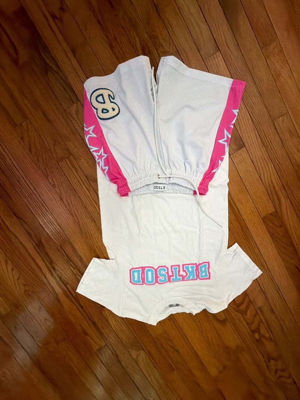 BKTSQD Brand White and Pink Mesh Shorts and Graphic T-Shirt Set with shirt and s
